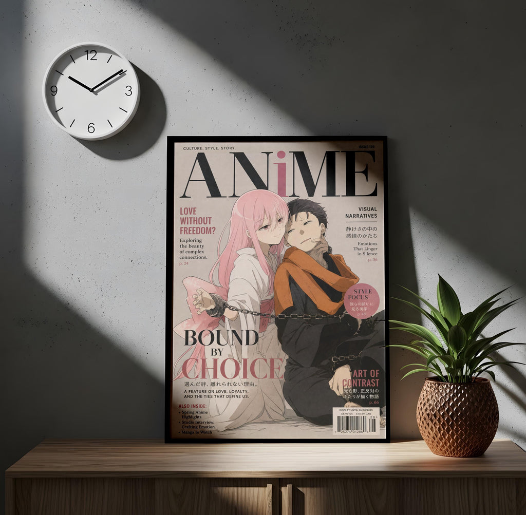 a framed poster of an anime magazine cover with a couple sitting together, surrounded by text and illustrations. The poster is placed on a wooden surface, with a clock and a potted plant in the background.