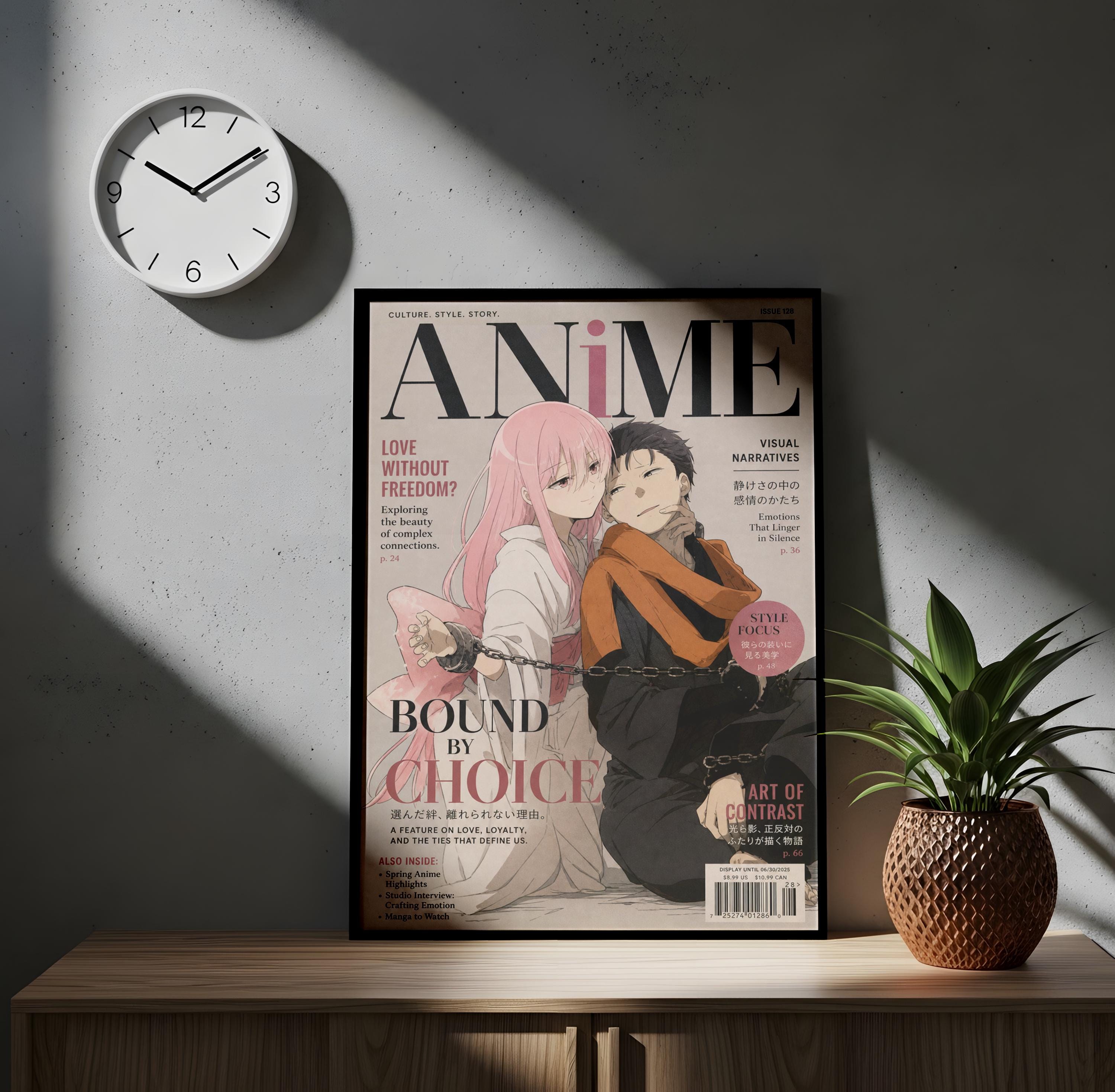a framed poster of an anime magazine cover with a couple sitting together, surrounded by text and illustrations. The poster is placed on a wooden surface, with a clock and a potted plant in the background.