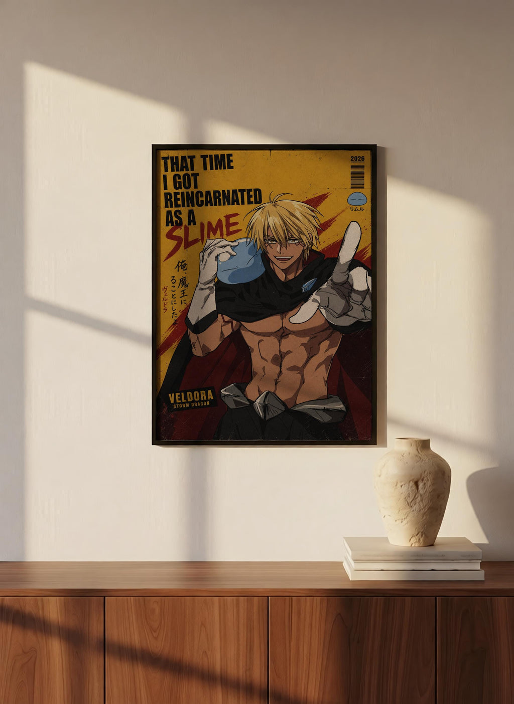 a poster of a muscular man with blonde hair, wearing a black outfit, and holding a blue object. The poster is hanging on a wall above a wooden cabinet.