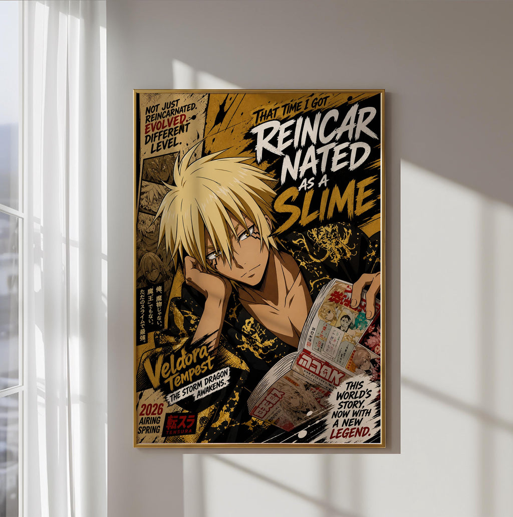 The image is a poster featuring an anime-style illustration of a character with blonde hair, wearing a black outfit, and holding a comic book. The poster has a dark, dramatic color scheme with yellow and black accents.