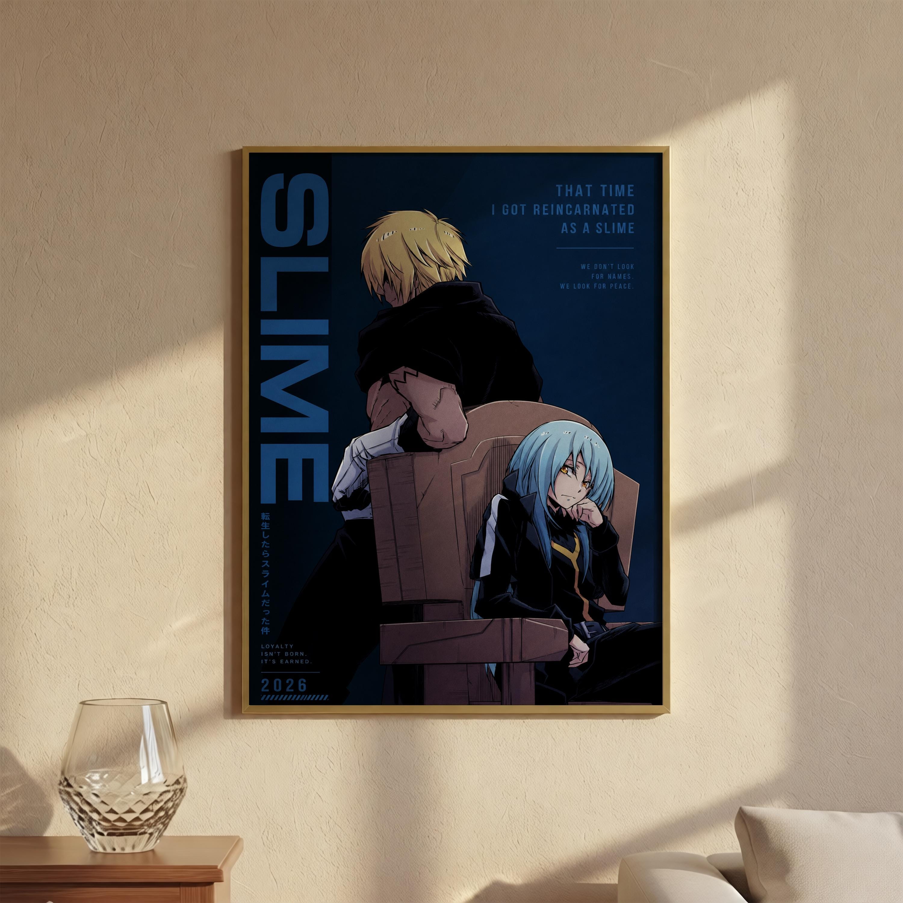 The image is a poster featuring two anime characters, one with blonde hair and the other with blue hair, sitting in a chair against a dark background.