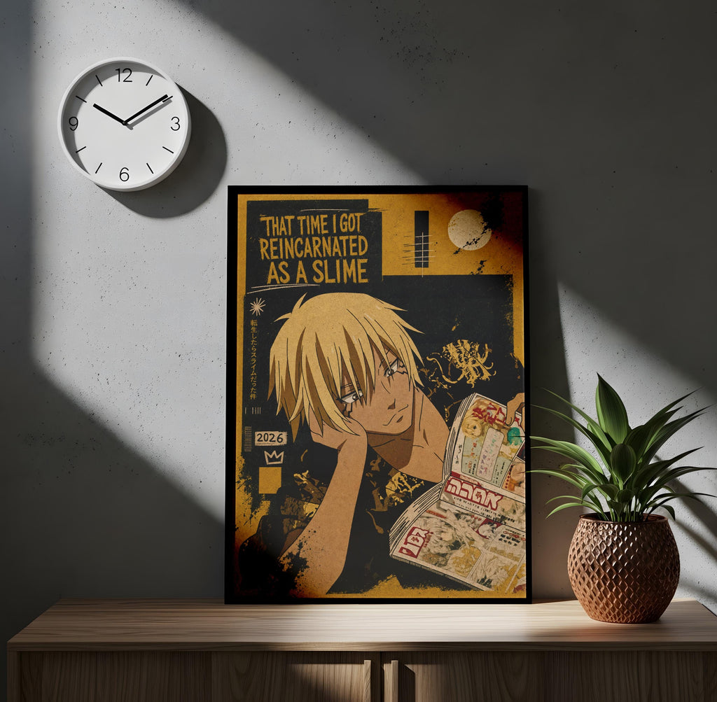 a poster of a young man with blonde hair, who appears to be looking at a book or a comic book. The poster is framed and displayed on a wooden shelf, with a clock hanging on the wall above it. There is also a potted plant next to the poster.