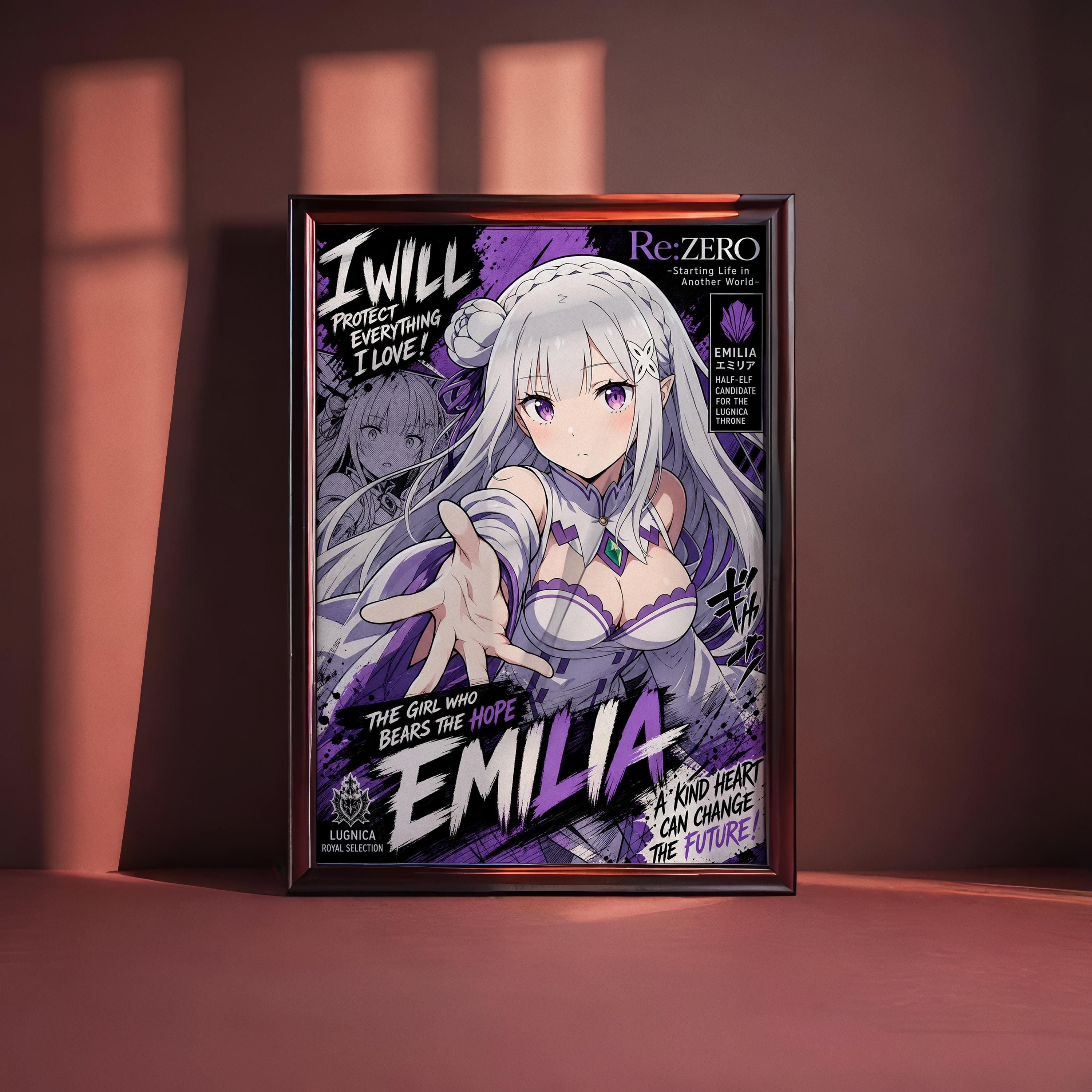 The image is a framed poster featuring an anime-style illustration of a young woman with long, white hair and a purple outfit. The poster includes text and imagery related to the anime series "Re:Zero".