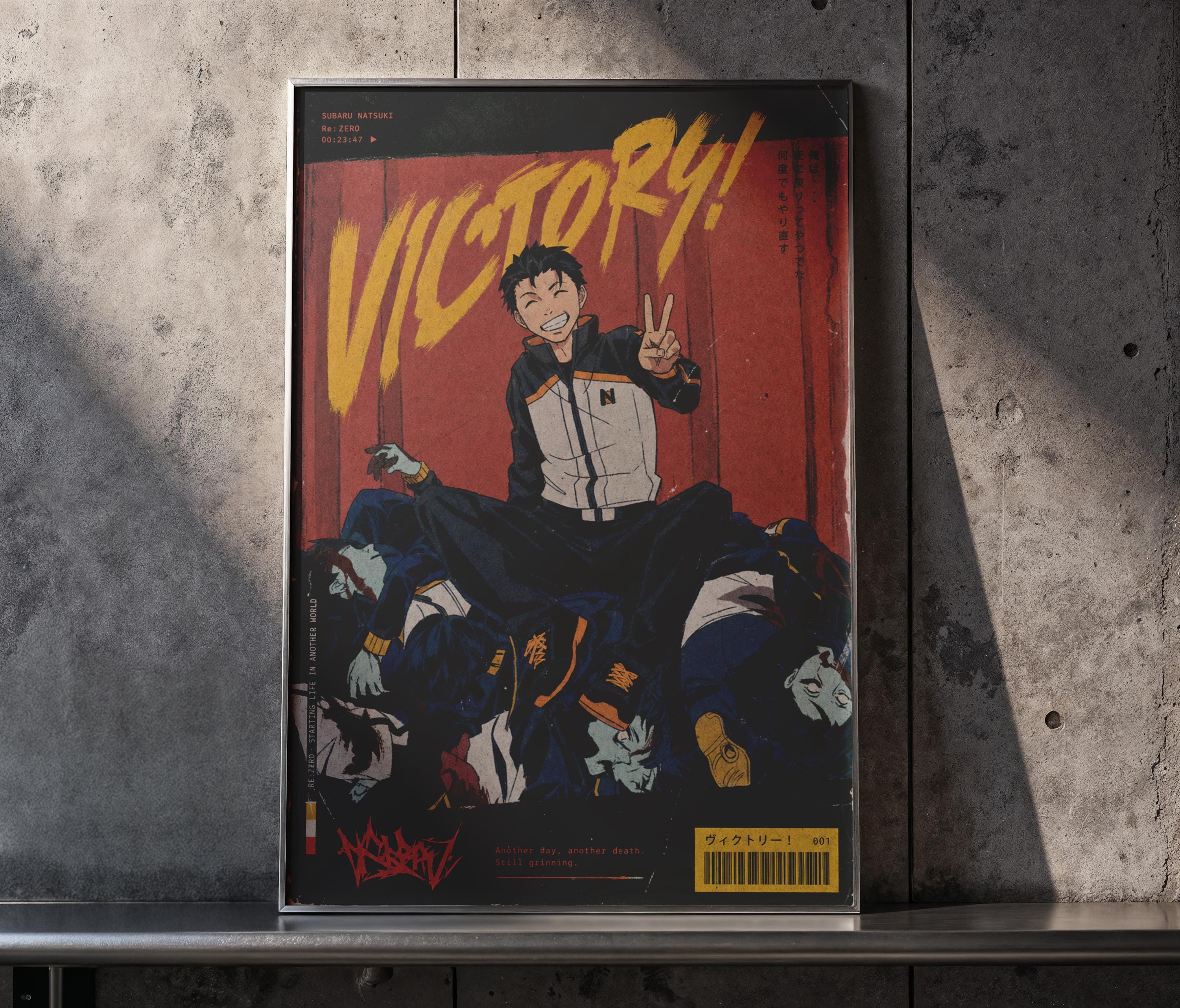 The image is a framed artwork depicting a character in a fighting stance, surrounded by other characters, with the word "VICTORY!" prominently displayed.