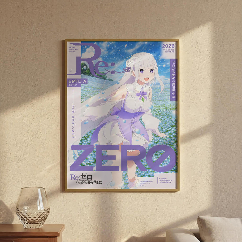 The image is a poster featuring an anime-style illustration of a young girl with white hair and a purple dress, set against a background of flowers and a blue sky.