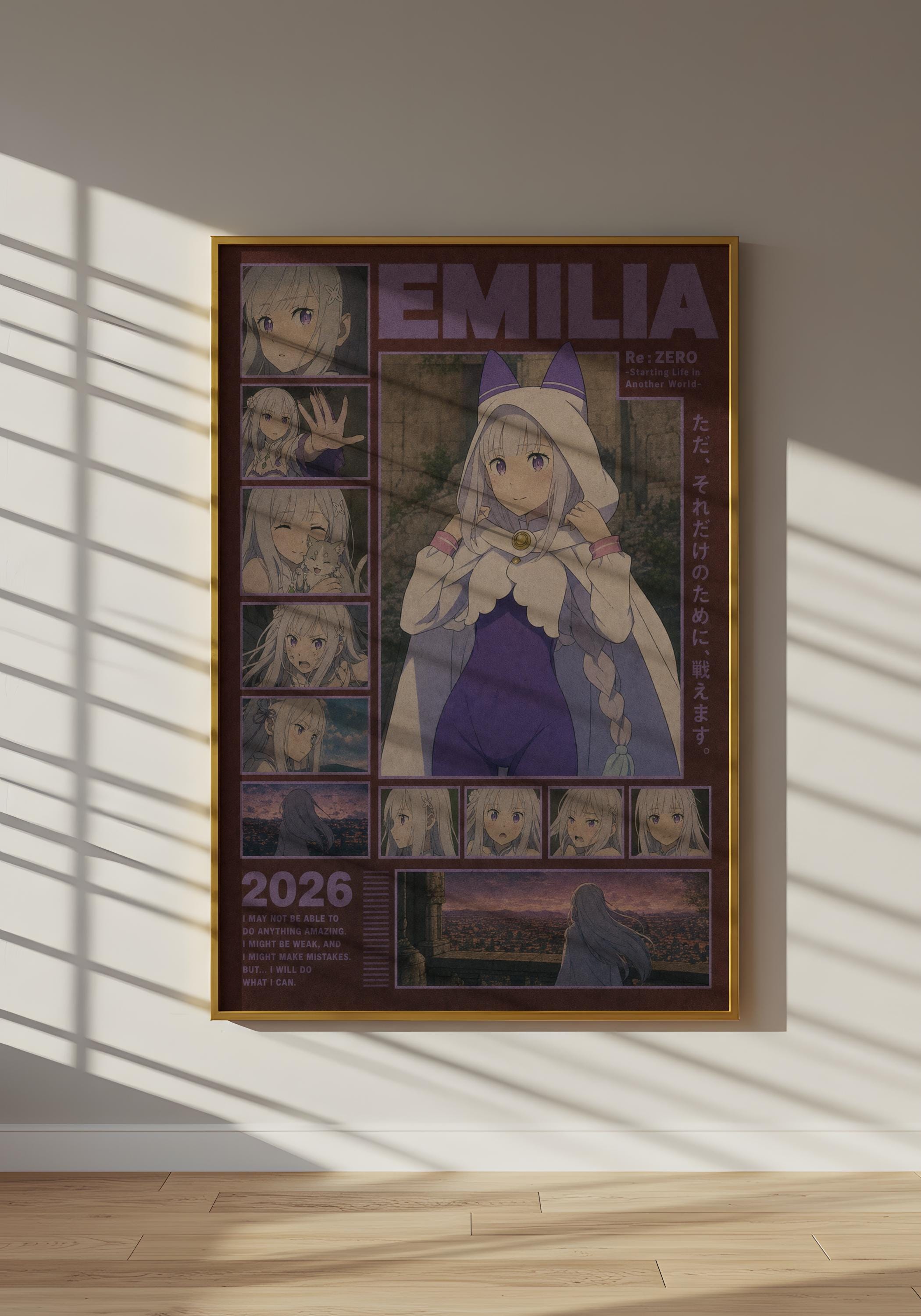 The image is a poster featuring an anime character named Emilia. The poster is framed and displayed on a wall, with sunlight streaming in from the left side.