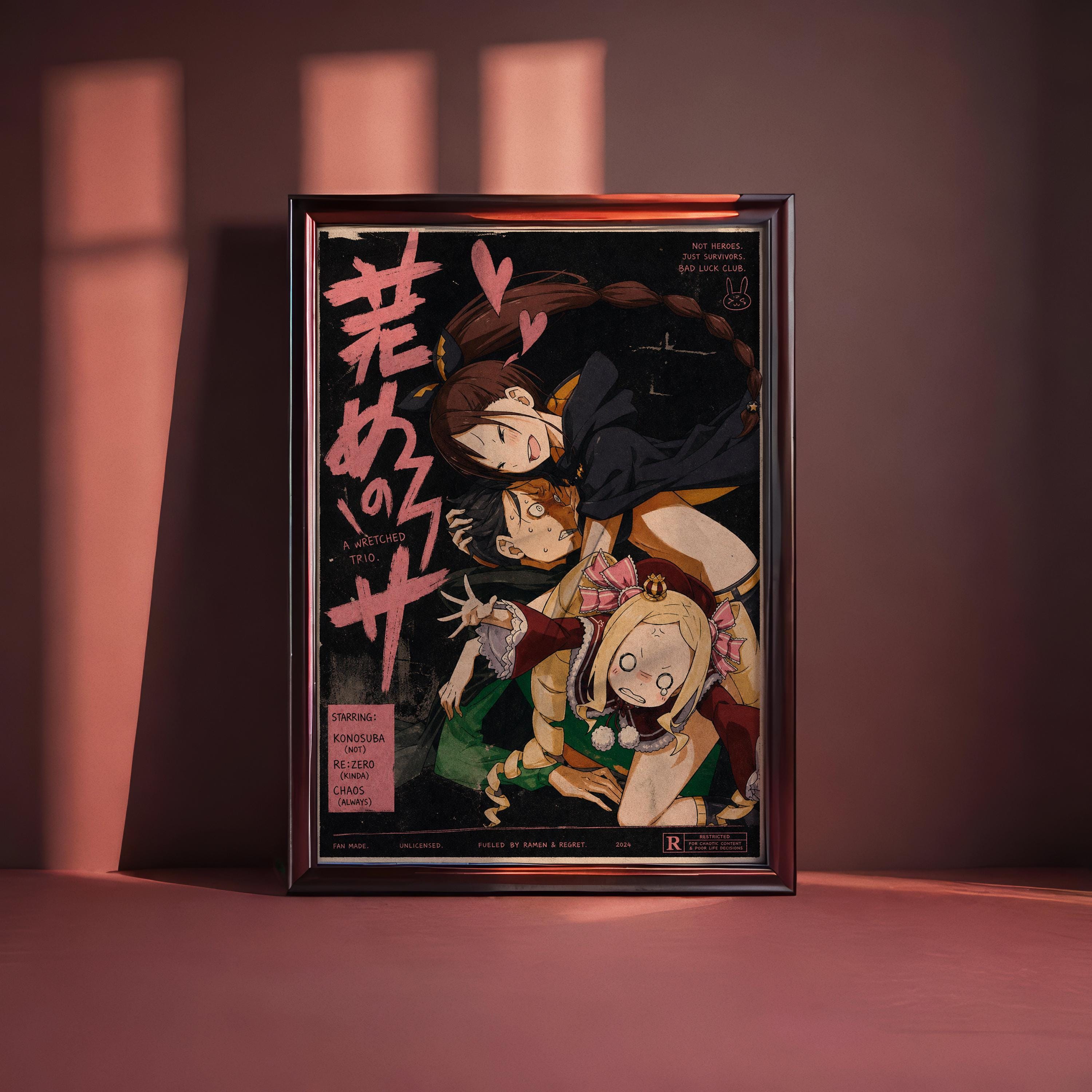 The image is a framed poster featuring an illustration of three characters, with text in a foreign language.