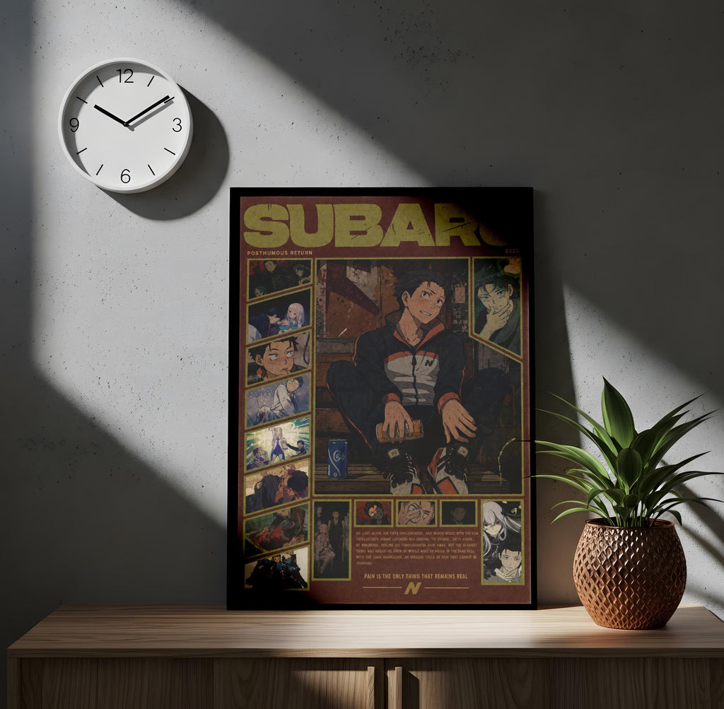 a poster of a character from the anime series Subaru, displayed on a wooden shelf next to a potted plant.