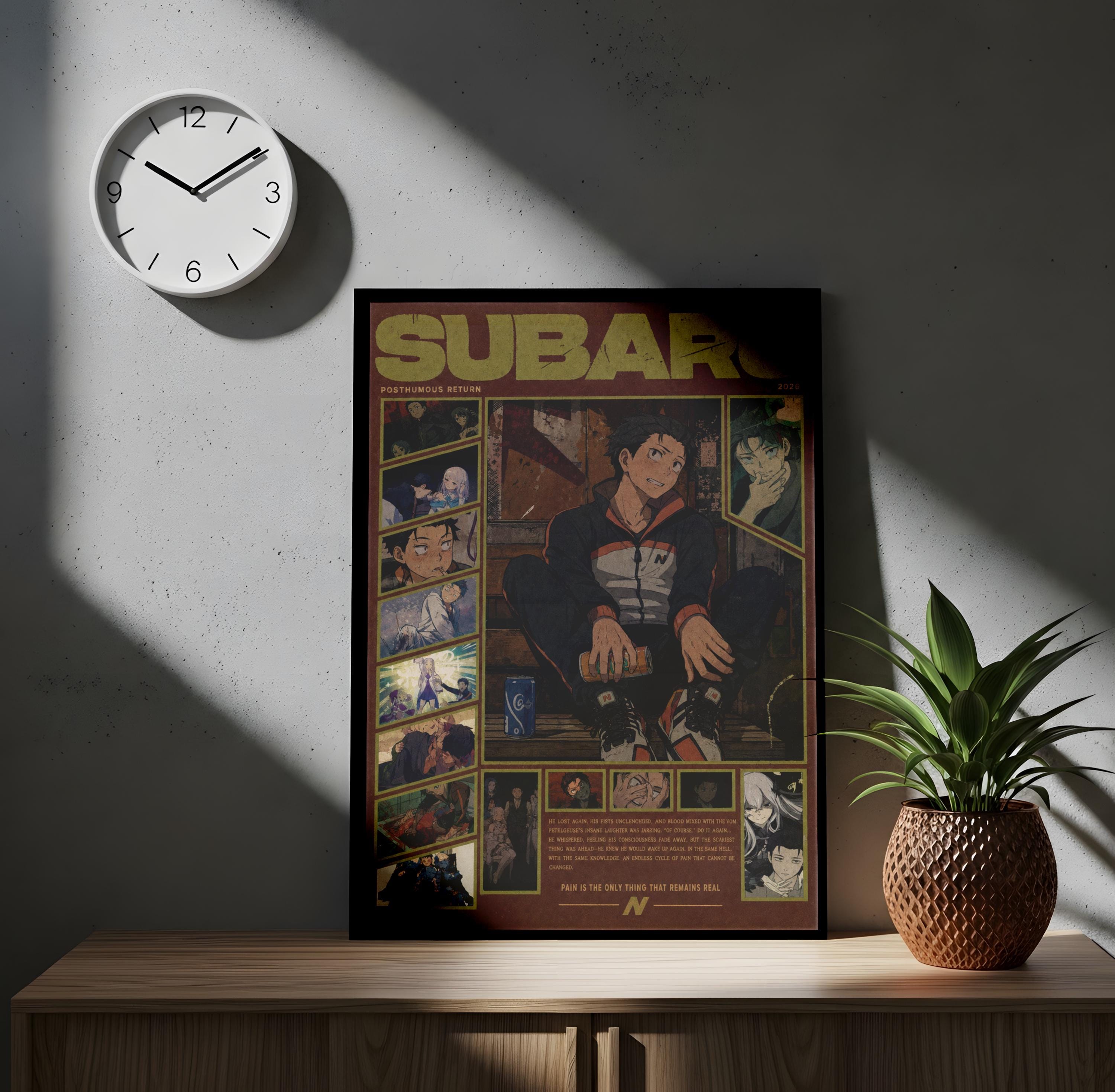 a poster of a character from the anime series Subaru, displayed on a wooden shelf next to a potted plant.