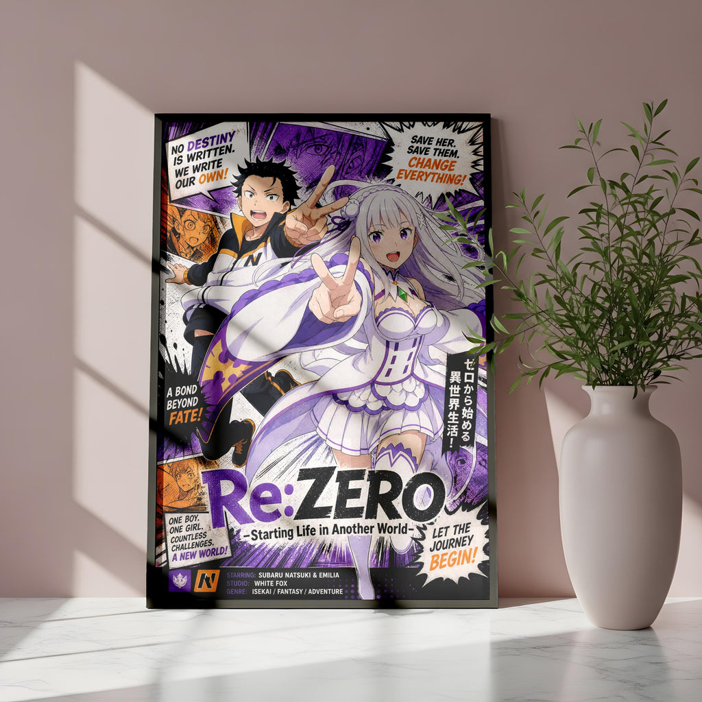 The image is a poster featuring two anime characters, Re:Zero, with a plant in a vase to the right. The poster has a colorful and dynamic design with text and images.