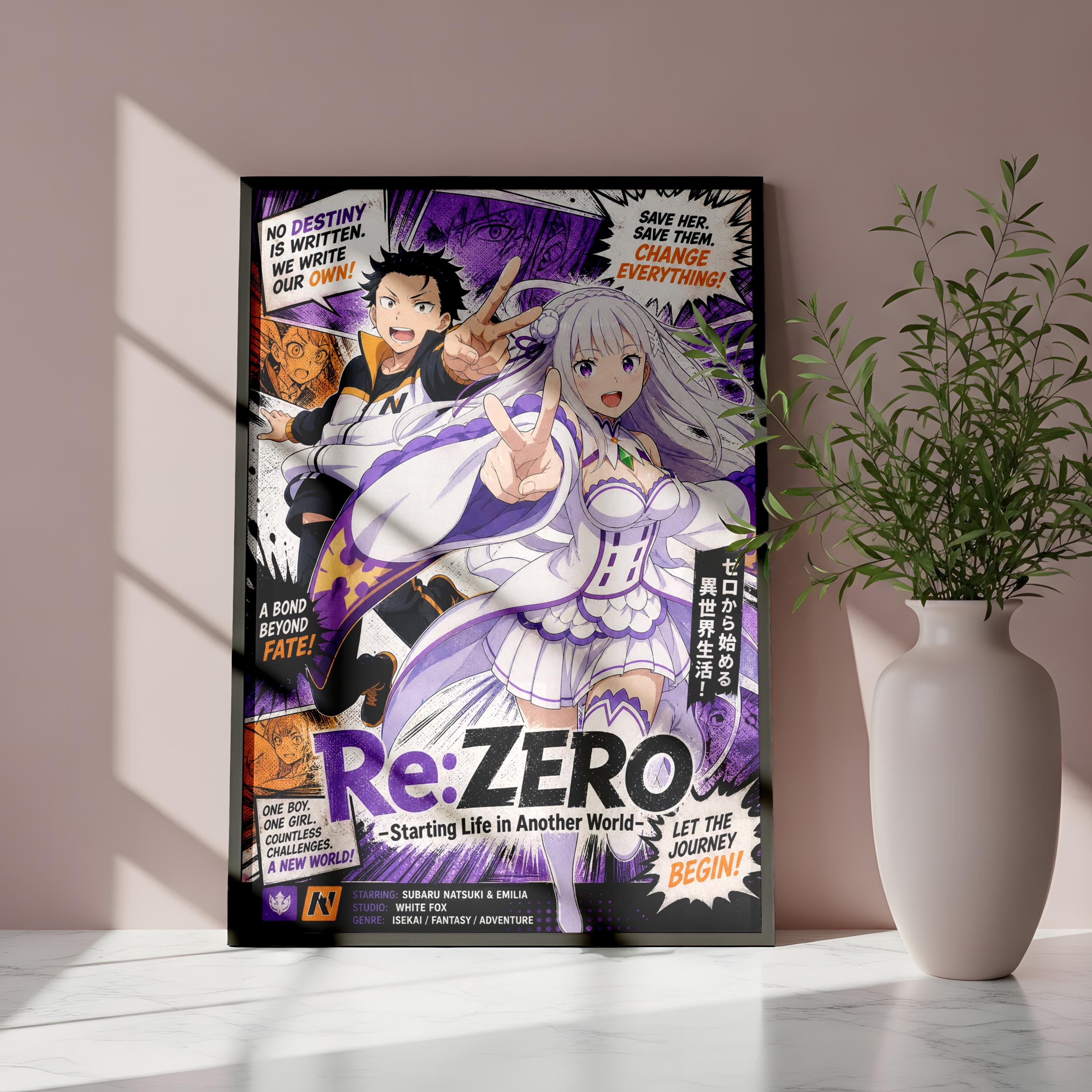 The image is a poster featuring two anime characters, Re:Zero, with a plant in a vase to the right. The poster has a colorful and dynamic design with text and images.