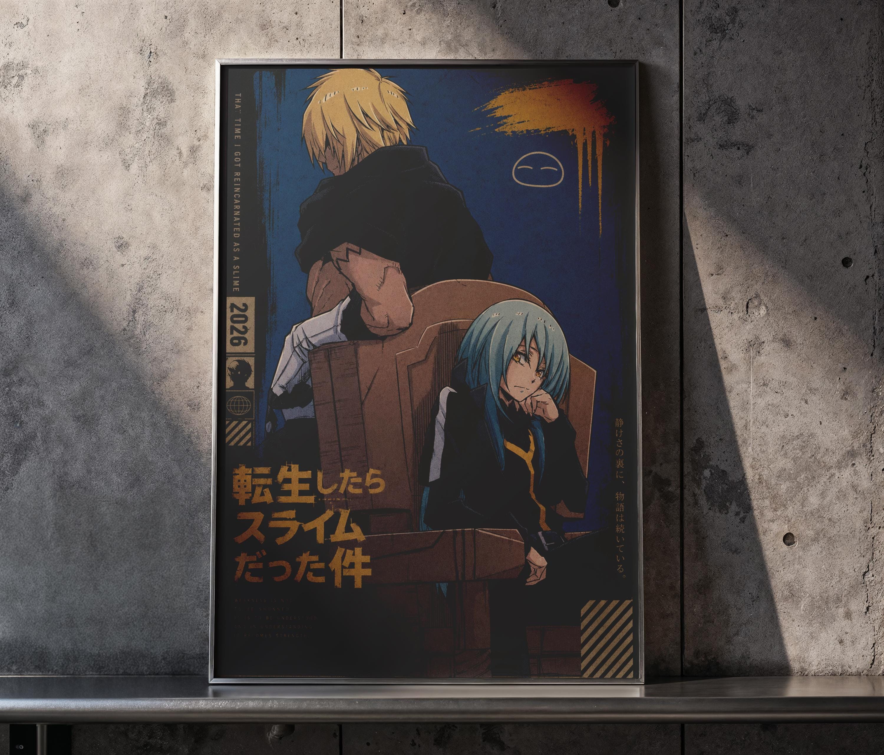 The image is a framed poster featuring two anime characters, one with blonde hair and the other with blue hair, sitting together in a dark setting.