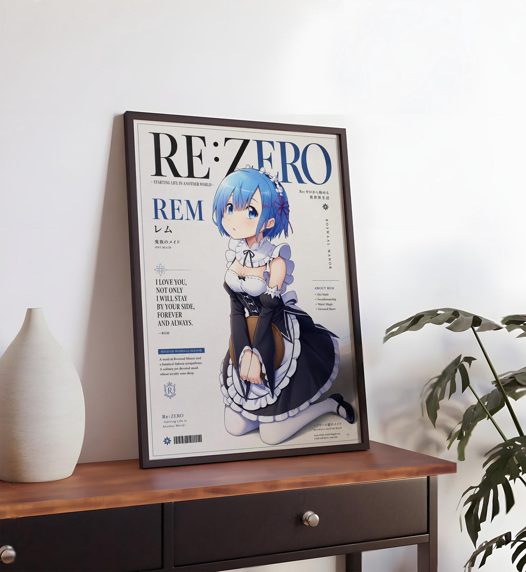an anime poster of a young girl with blue hair, dressed in a white and black outfit, sitting on the floor. The poster is titled "RE:ZERO" and includes text in Japanese. The poster is displayed on a wooden table, with a white vase and a plant visible in the background.