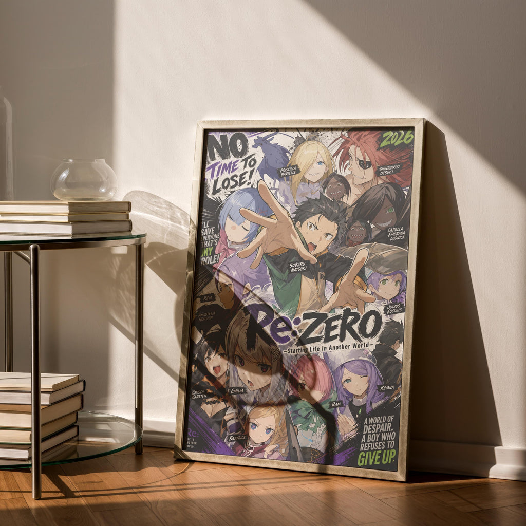 a poster with a collage of various anime characters, including a prominent character named "Re:Zero" who is depicted in a dynamic fighting pose.