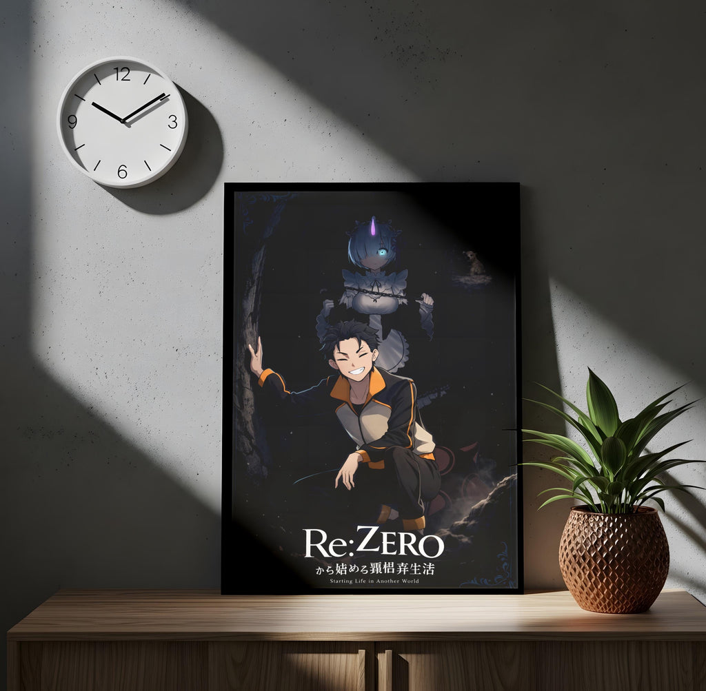 a poster of a character from the anime "Re:Zero" displayed on a wall, with a clock and a potted plant in the foreground.