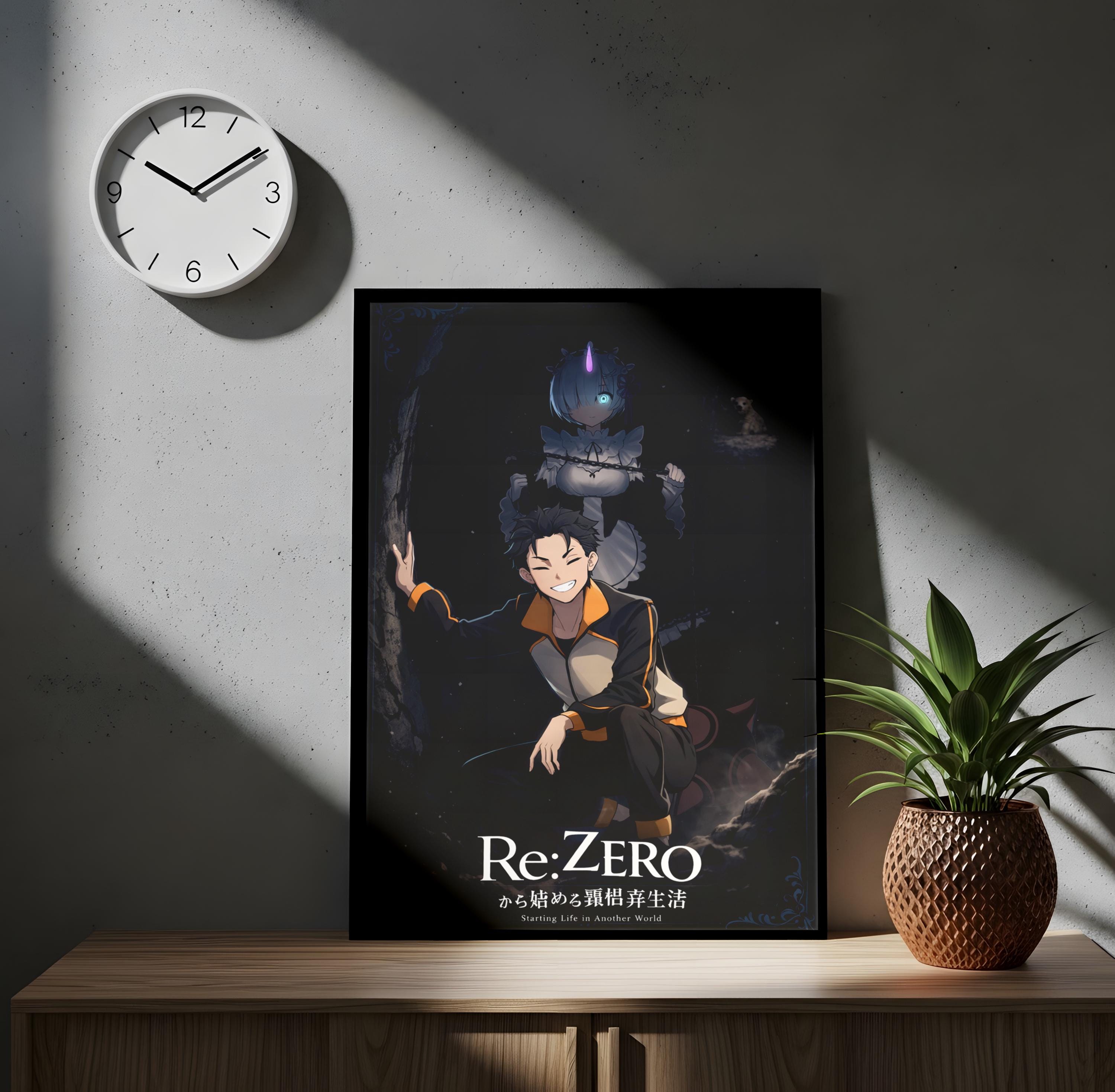 a poster of a character from the anime "Re:Zero" displayed on a wall, with a clock and a potted plant in the foreground.