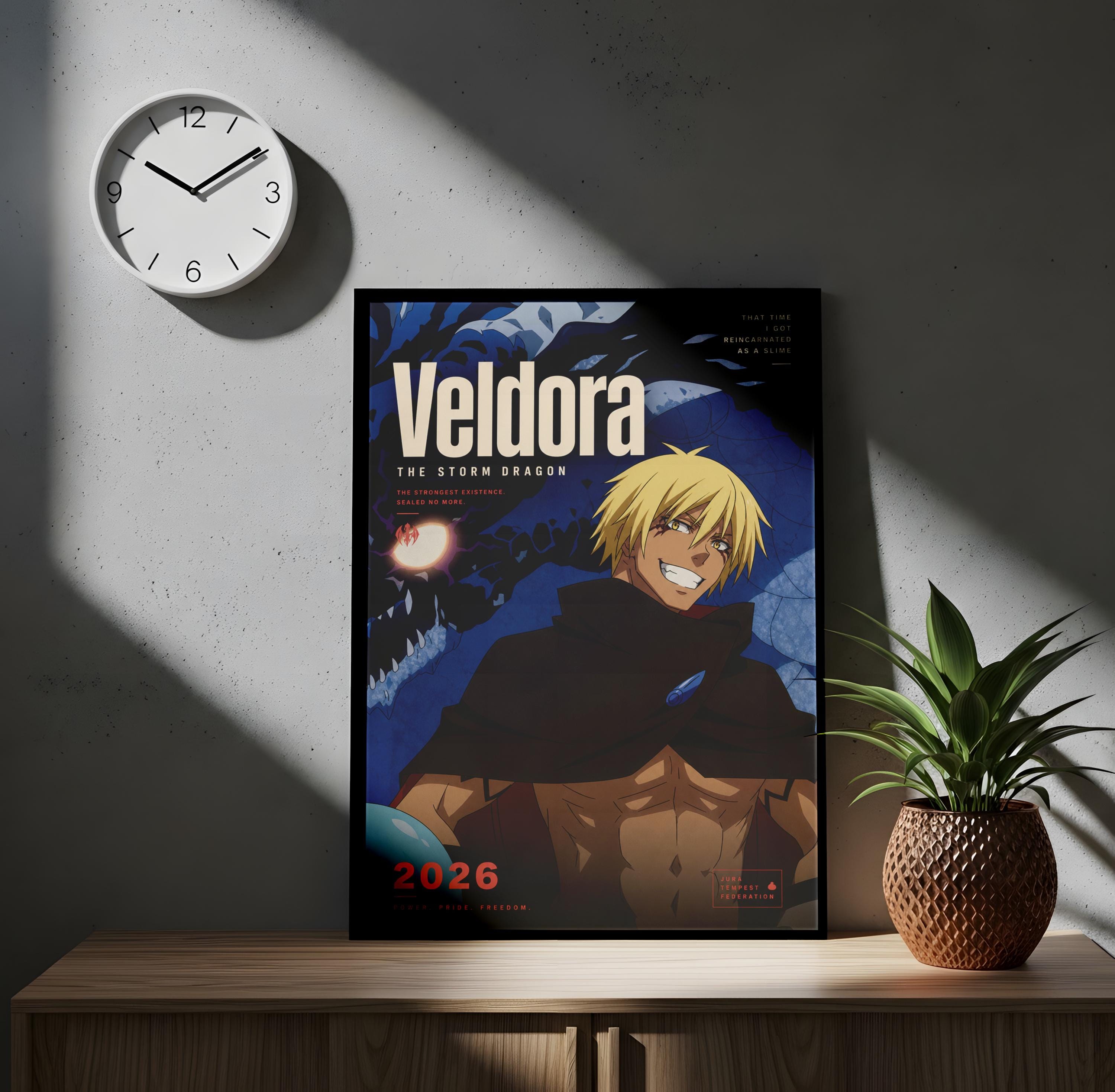 a poster of a character named Veldora, who is the main focus of the poster. The poster is displayed on a wooden surface, and there is a clock on the wall above it. Additionally, there is a potted plant to the right of the poster.