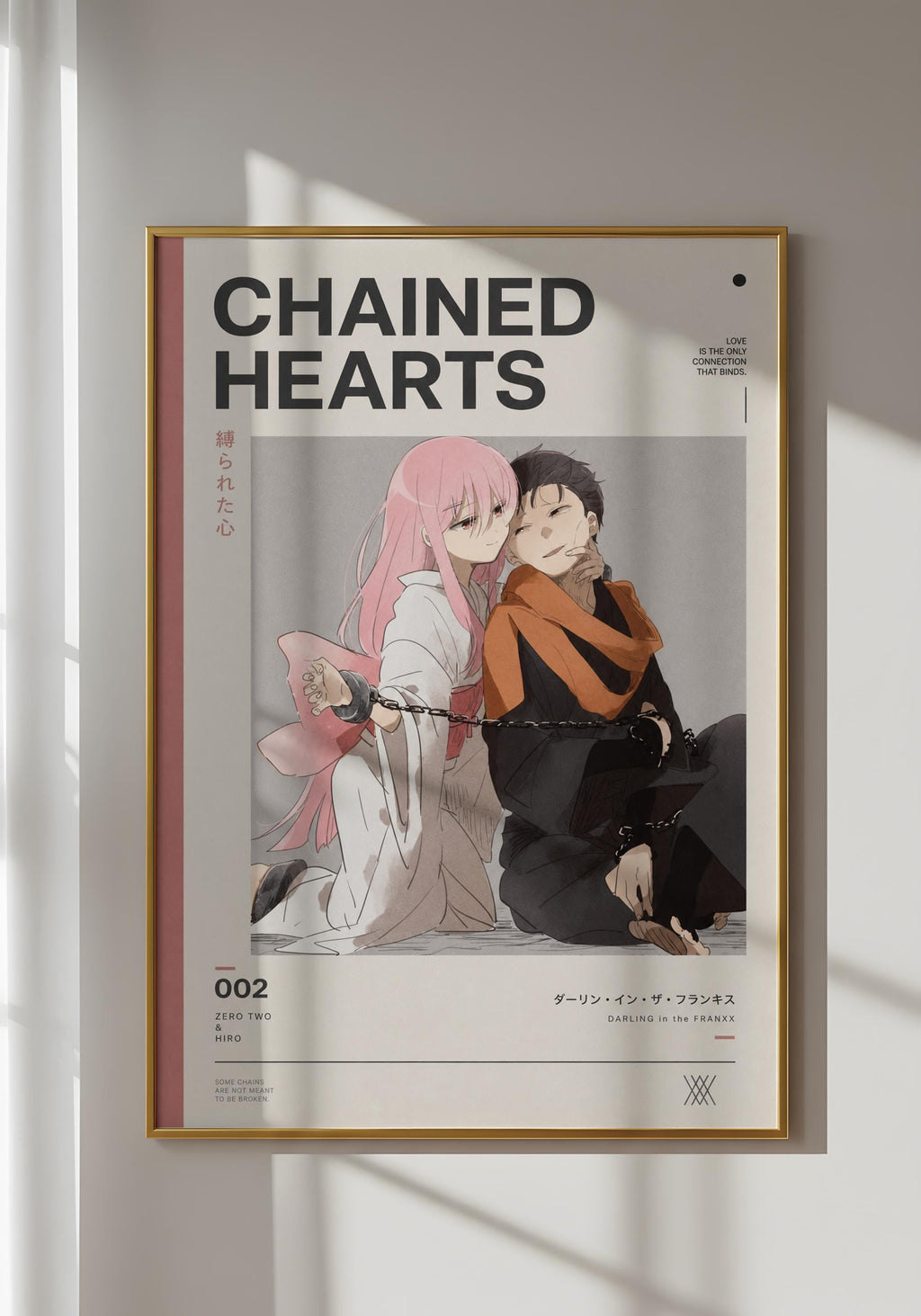 The image is a framed poster featuring an illustration of two anime characters, a man and a woman, sitting together and appearing to be in a romantic embrace. The poster has a minimalist design with a white background and a pink and black color scheme.