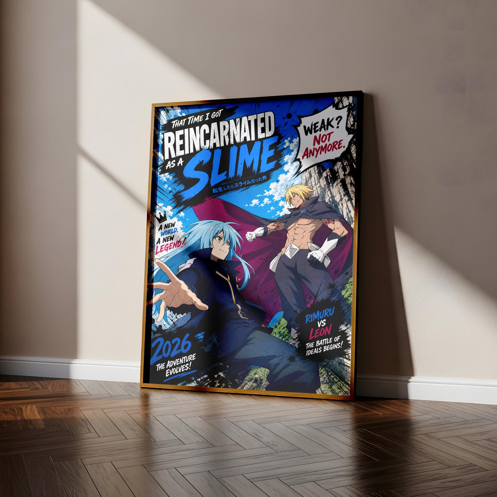 The image is a poster featuring two characters from the anime series "Reincarnated as Slime". The poster has a colorful and dynamic design, with the characters in action poses.