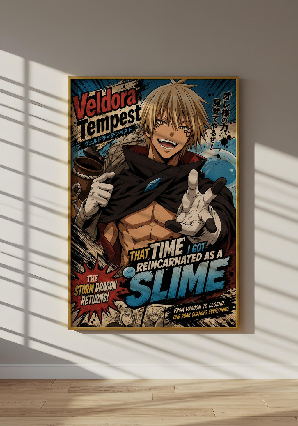 The image is a poster featuring an animated character with a dragon-like appearance, wearing a cape and holding a sword. The poster has a comic-style design with various speech bubbles and text elements.