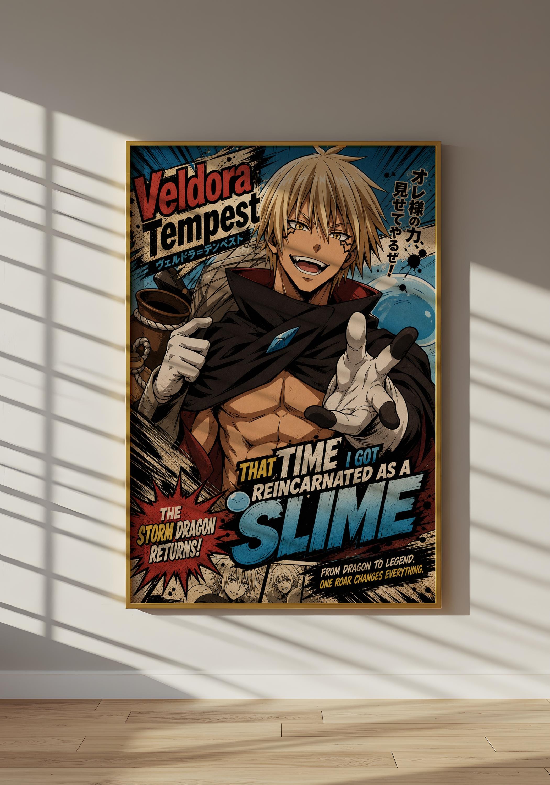 The image is a poster featuring an animated character with a dragon-like appearance, wearing a cape and holding a sword. The poster has a comic-style design with various speech bubbles and text elements.
