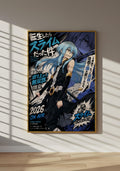 The image is a poster featuring an anime-style illustration of a character with blue hair and a black outfit, set against a background with various text elements and graphics.