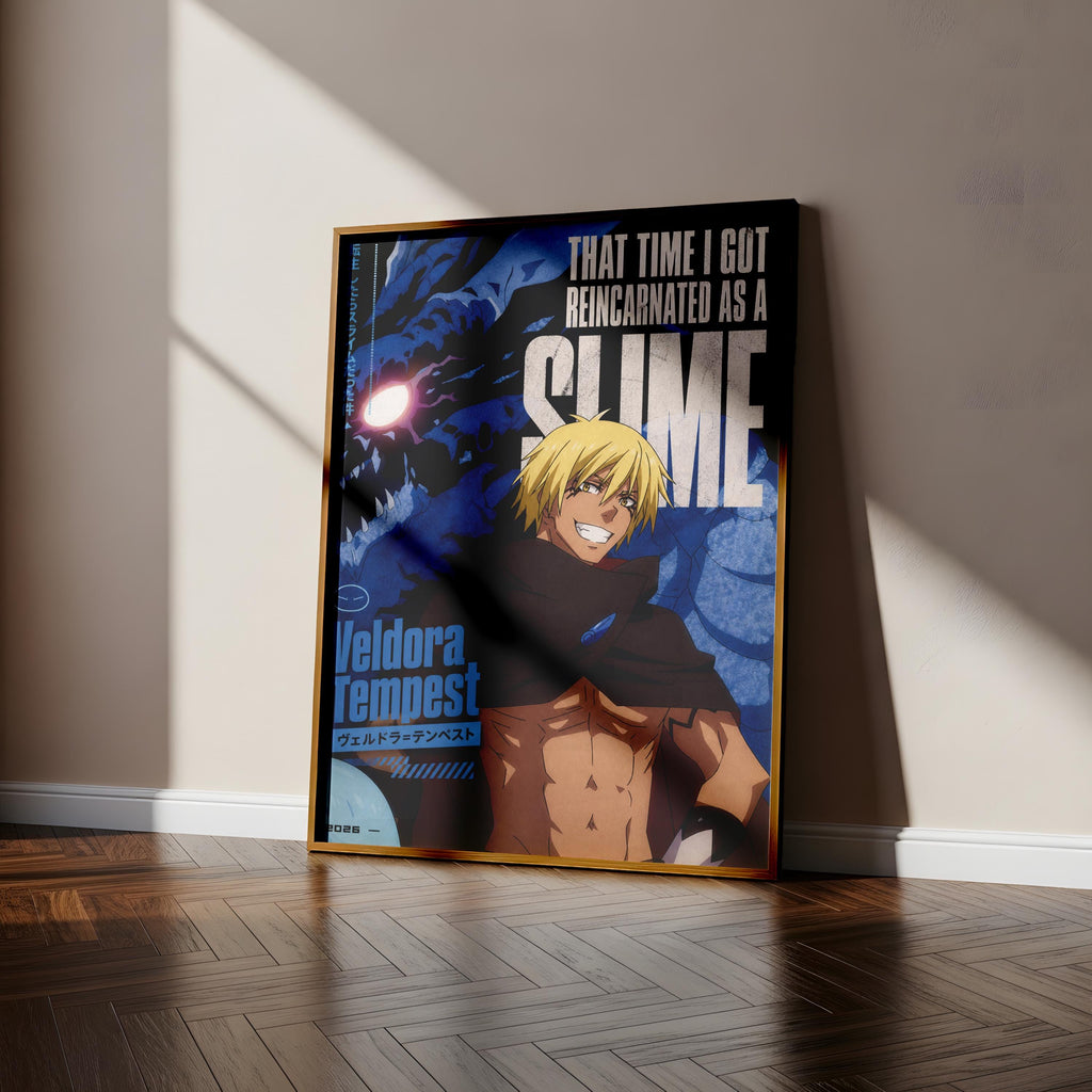The image is a poster featuring an anime character with a muscular build and blonde hair, standing in a room with a wooden floor.