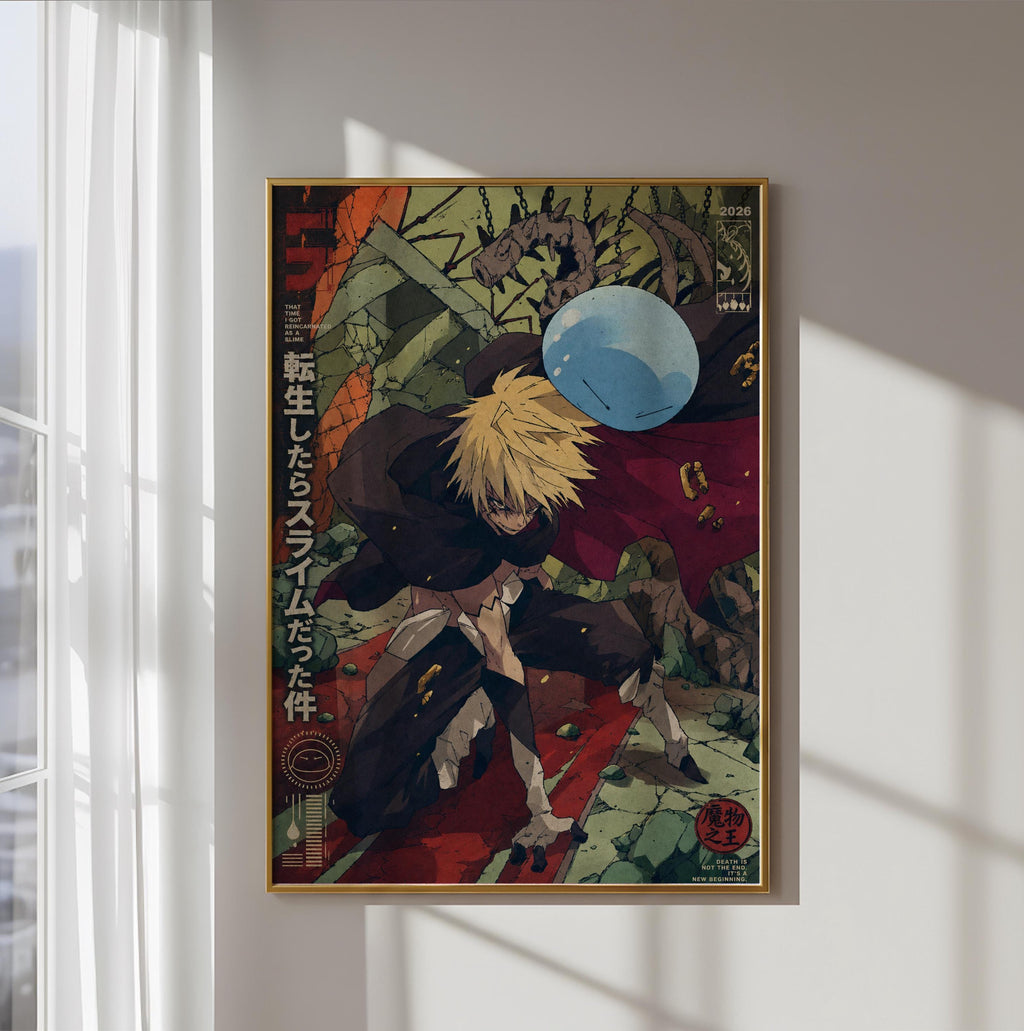 The image is a framed poster featuring an anime-style character with a blue bubble in the background. The poster has a colorful and detailed design, with various elements such as plants, rocks, and a red carpet. The poster is displayed on a wall, and there is a window in the background.
