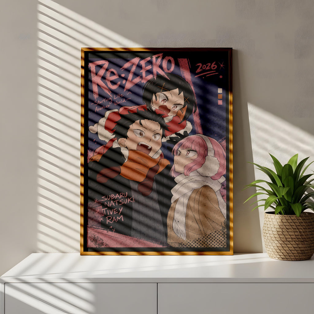 The image is a framed poster featuring an illustration of three people, likely from an anime or manga series. The poster is displayed on a wall, with a potted plant to the right side.