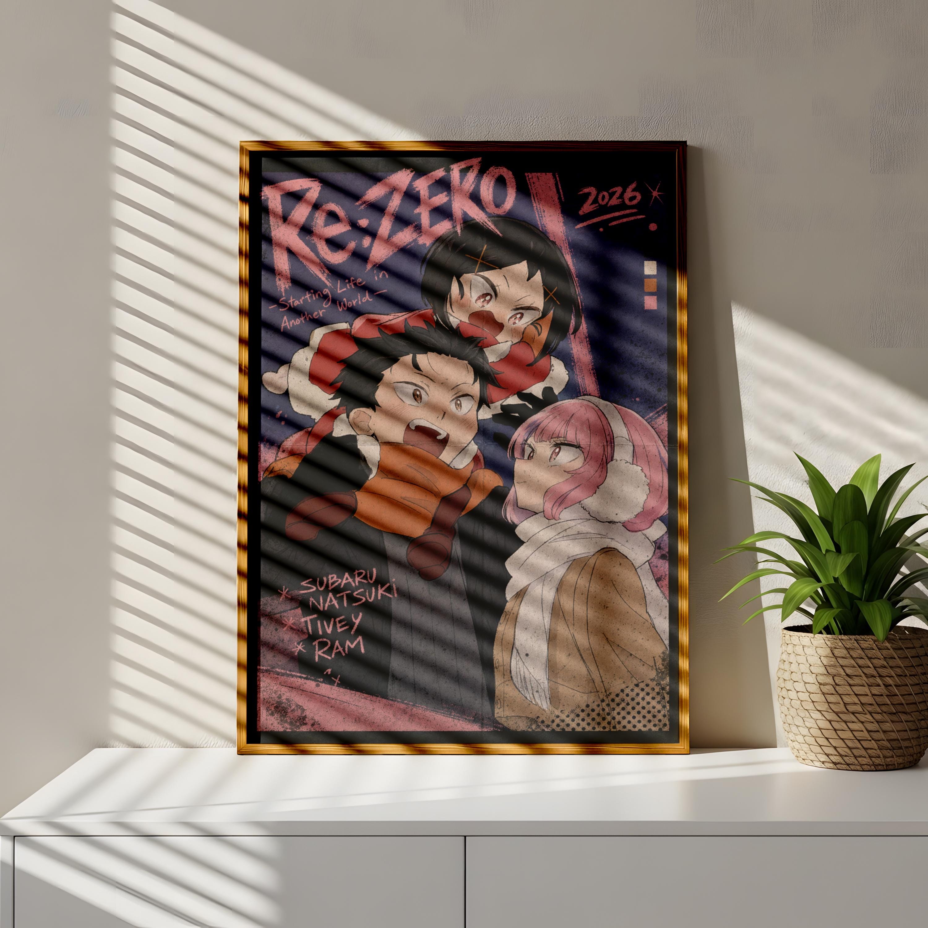 The image is a framed poster featuring an illustration of three people, likely from an anime or manga series. The poster is displayed on a wall, with a potted plant to the right side.