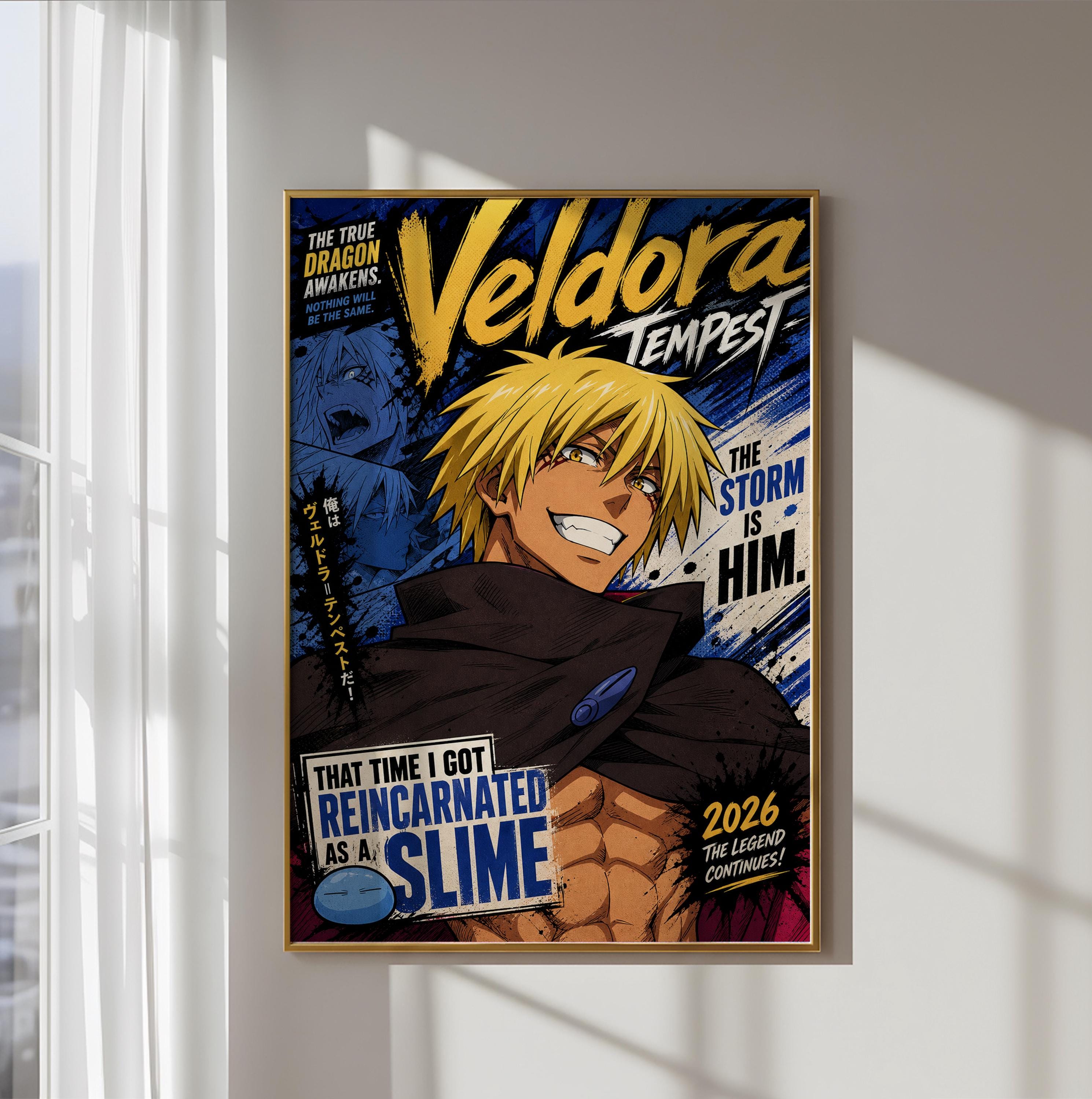 The image is a framed poster featuring an anime-style illustration of a character with blonde hair and a muscular physique. The poster has a colorful and dynamic design, with various text elements and graphics.