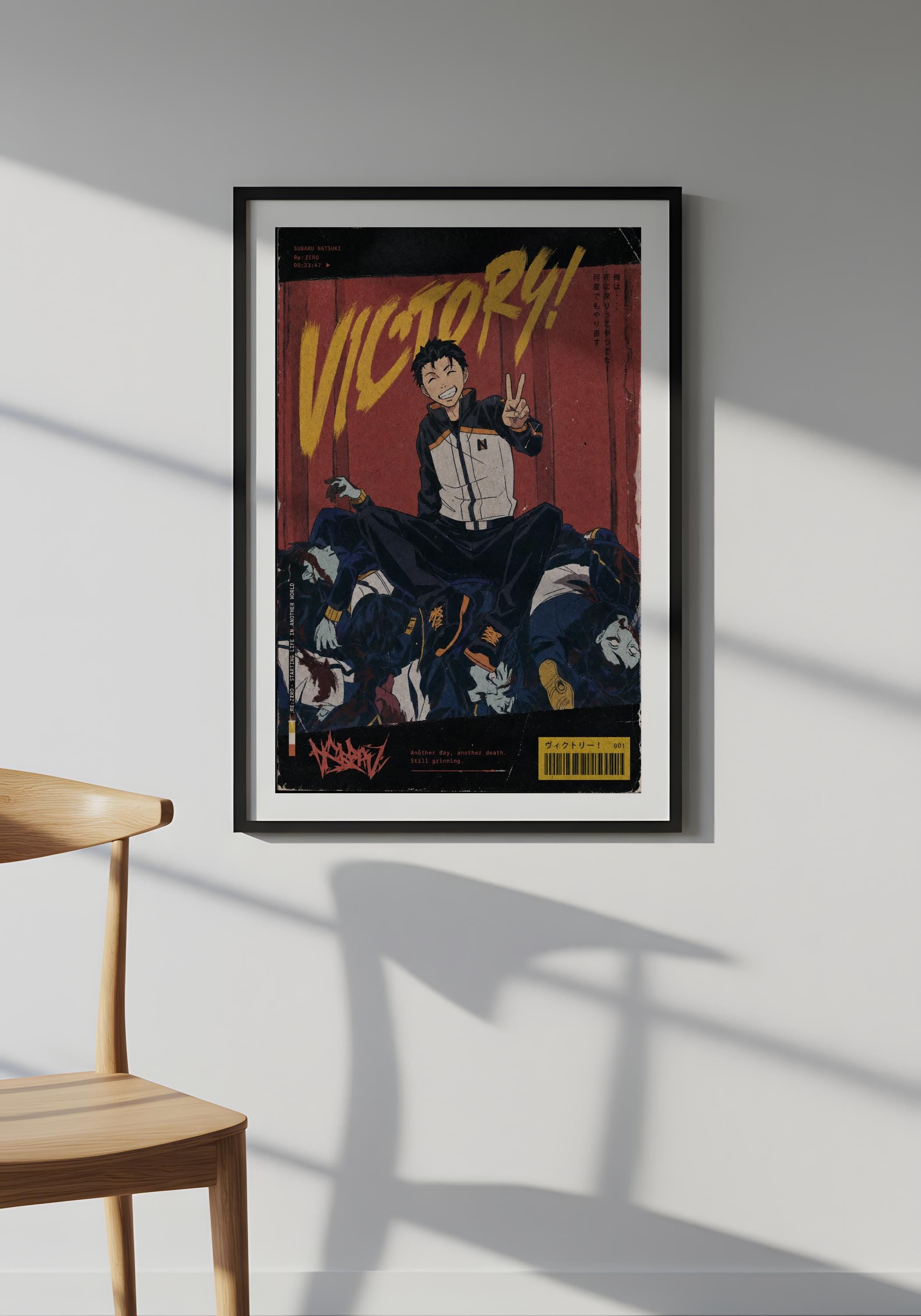 a framed poster of an anime character, with the word "VICTORY!" prominently displayed.