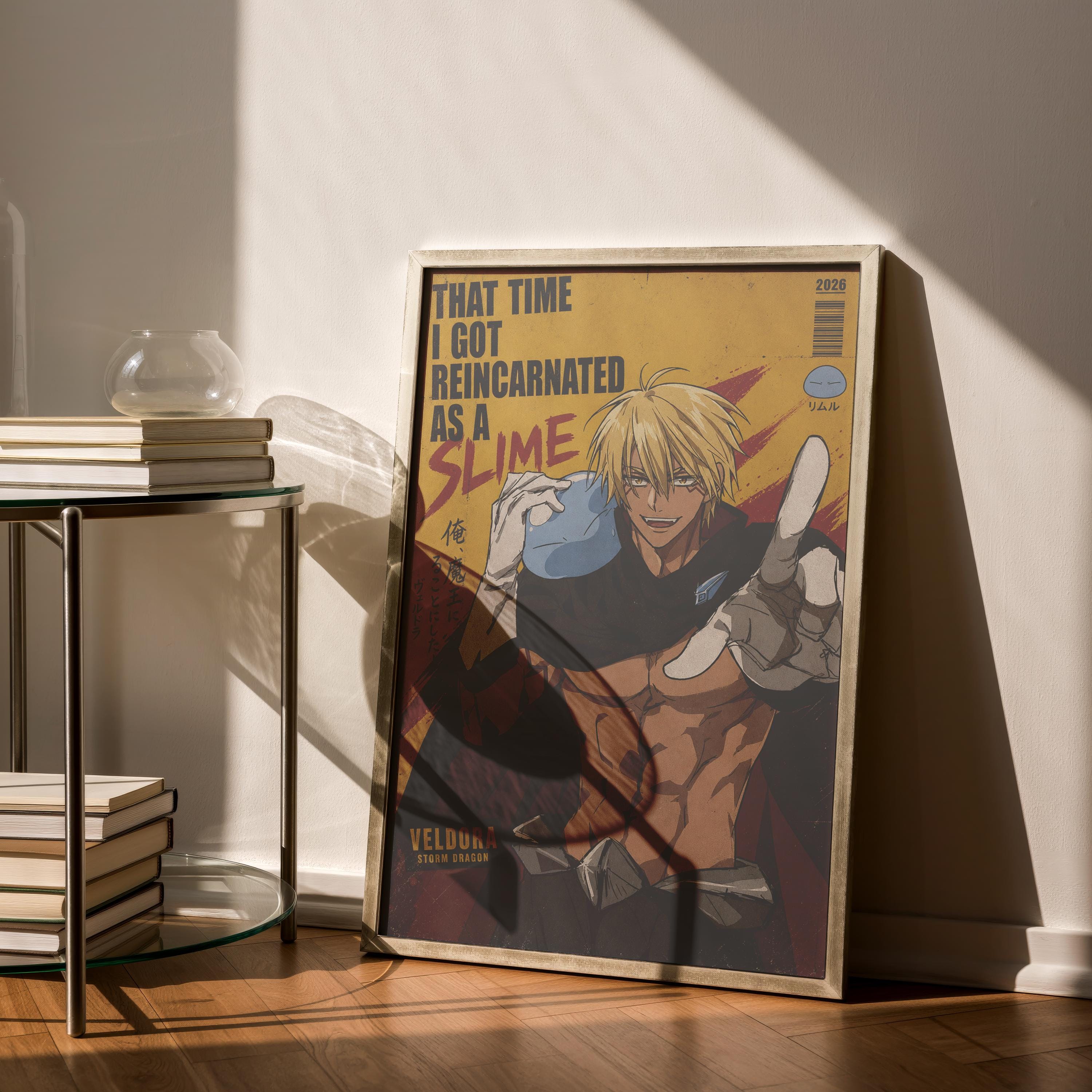 a framed poster of a character from the anime series "Storm Dragon" with the text "That time I got reincarnated as a slime" on it.