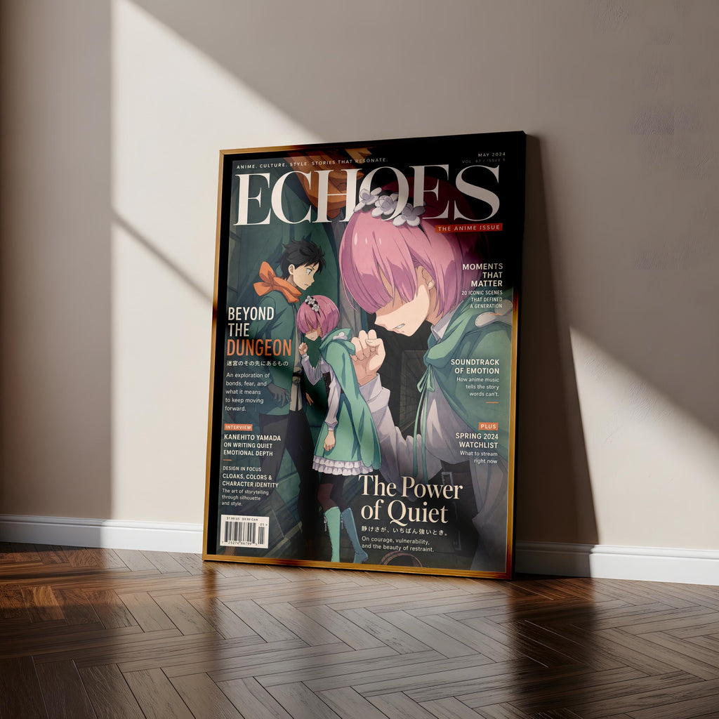 an anime-style magazine cover for "Echoes" magazine, which is focused on the anime series beyond the Dungeon. The cover includes an illustration of three characters, one of whom is a girl with pink hair. The text on the cover provides information about the magazine, including its title, issue number, and the featured content.