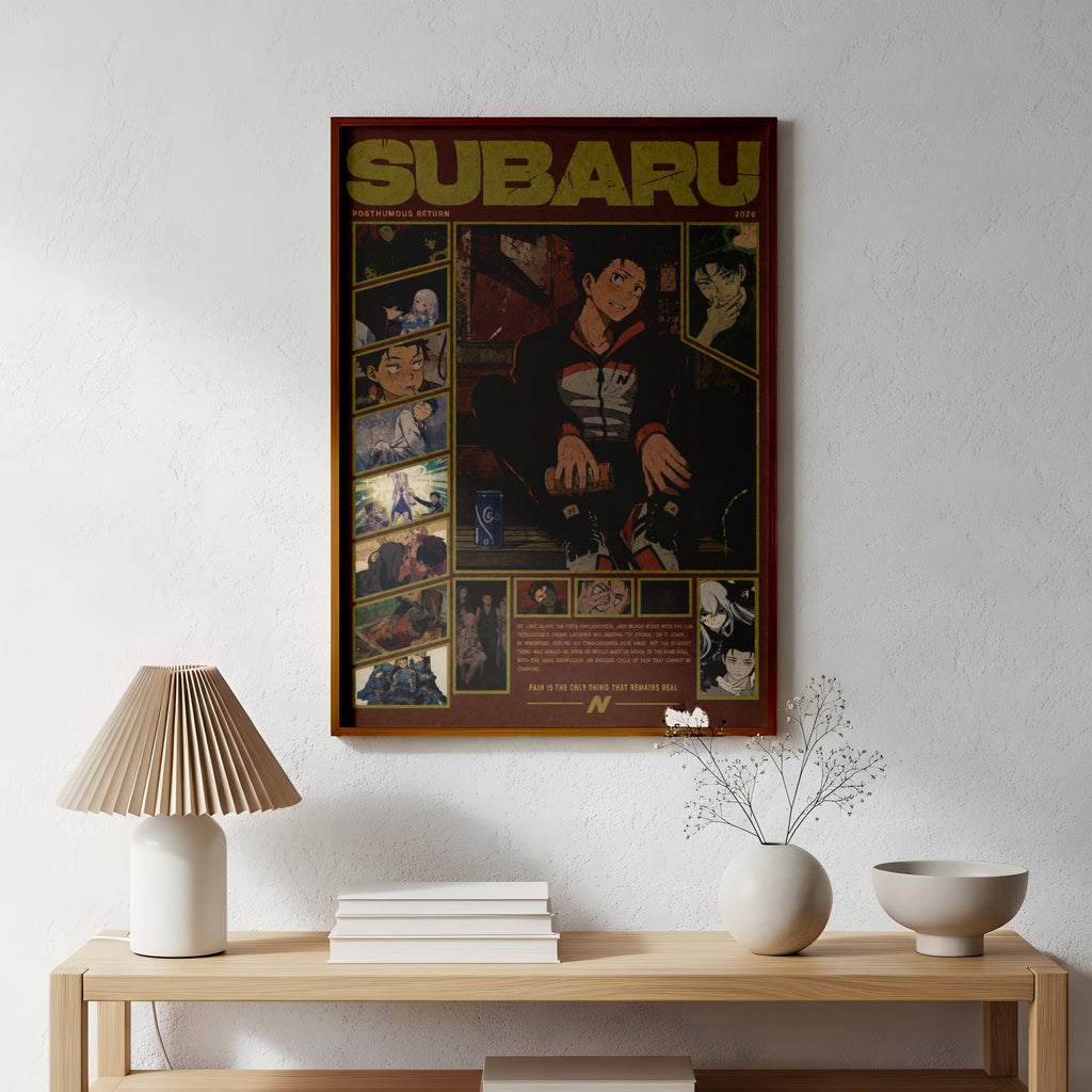 a framed poster of a character from the Subaru brand, hanging on a wall above a wooden table with various decorative items such as a lamp, a vase with flowers, and a stack of books.
