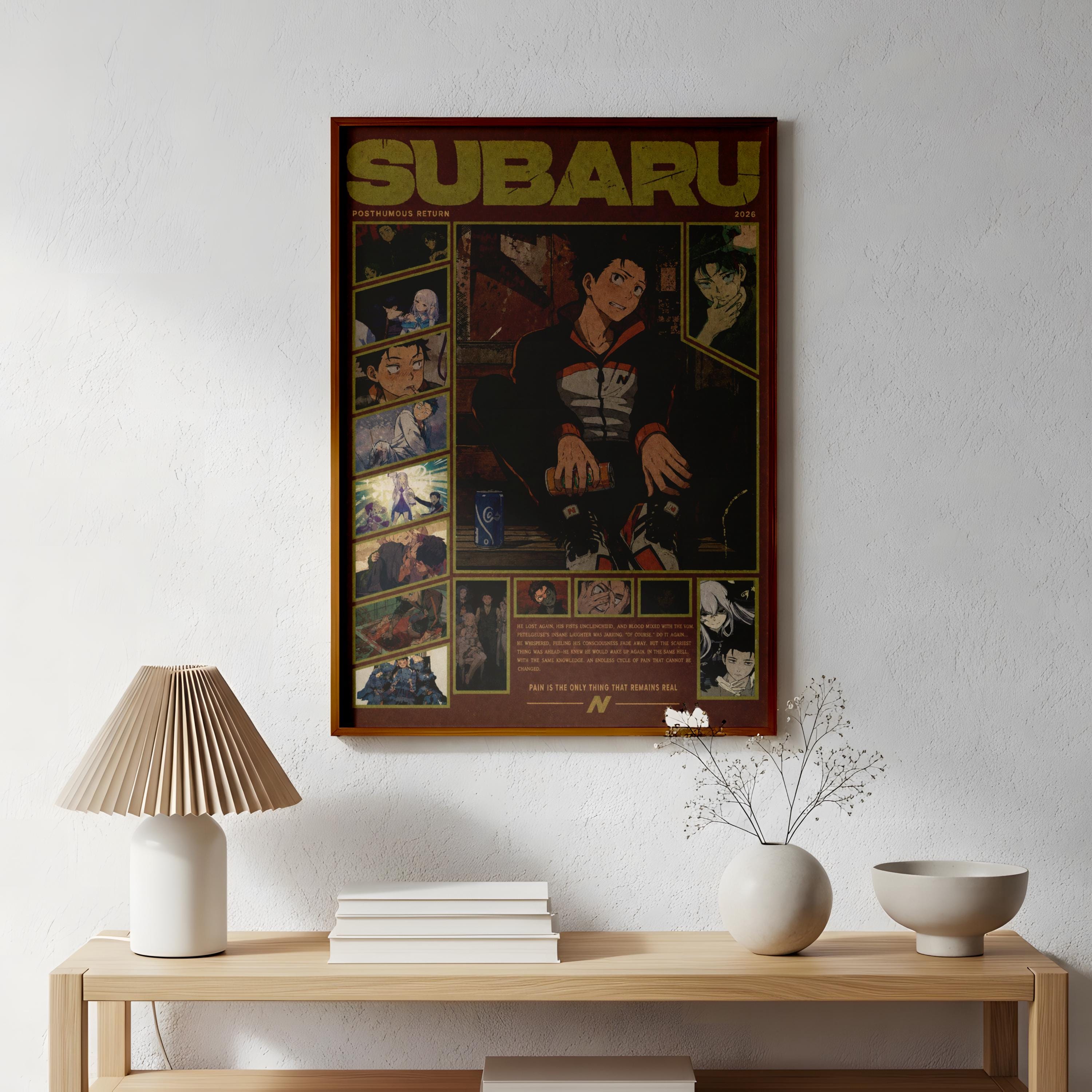 a framed poster of a character from the Subaru brand, hanging on a wall above a wooden table with various decorative items such as a lamp, a vase with flowers, and a stack of books.