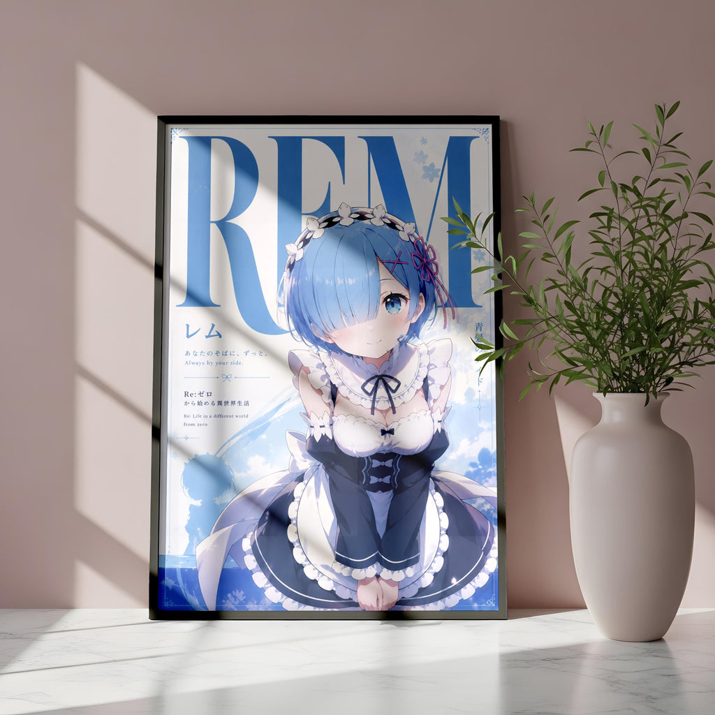 a poster of an anime-style character with blue hair and a white dress, displayed on a wall next to a white vase with a plant.