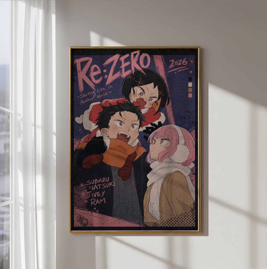 The image is a framed poster featuring an illustration of three anime characters, including a man, a woman, and a child. The poster has a pink and purple color scheme and includes text that reads "Re: Zero" and "2026".